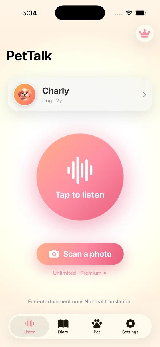 PetTalk main screen with Tap to listen button