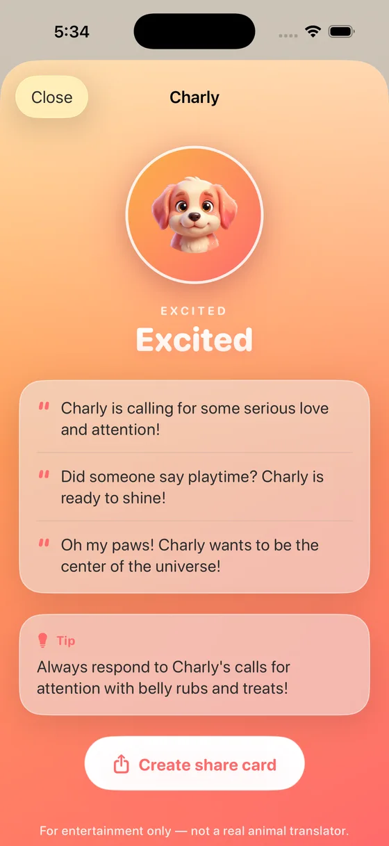 PetTalk result screen: Charly is excited — fun translation of a dog's bark